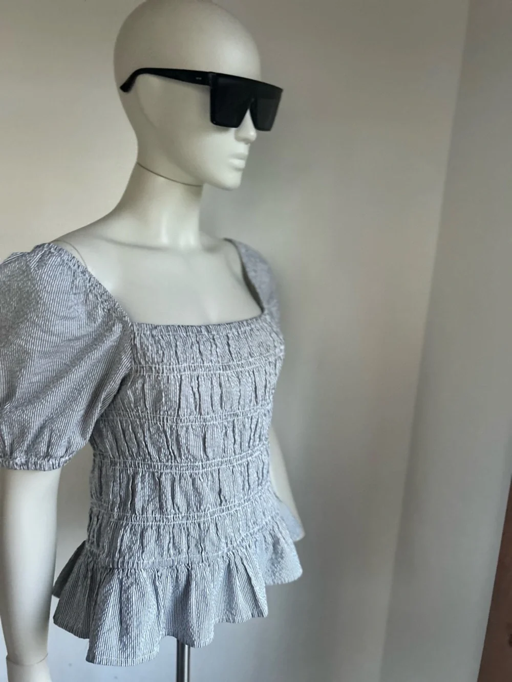 Buffalo L Smocked Square-Neck Peplum Top in Light Blue Stripe